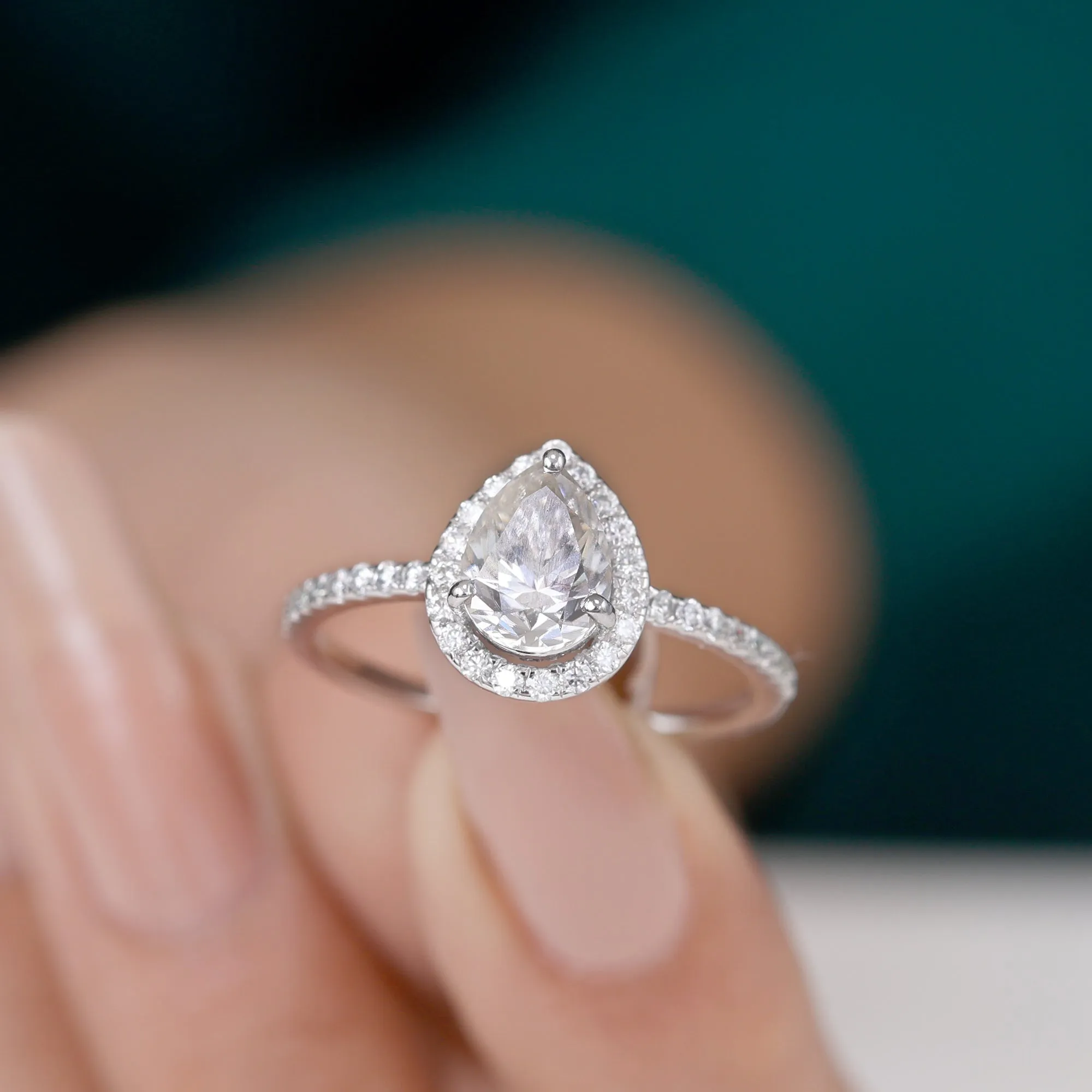 1.75 CT Pear Shape Moissanite Halo Engagement Ring
