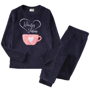 Big Girl Long Sleeve Coral Fleece Christmas Navy With Cup Heart Pajamas Set