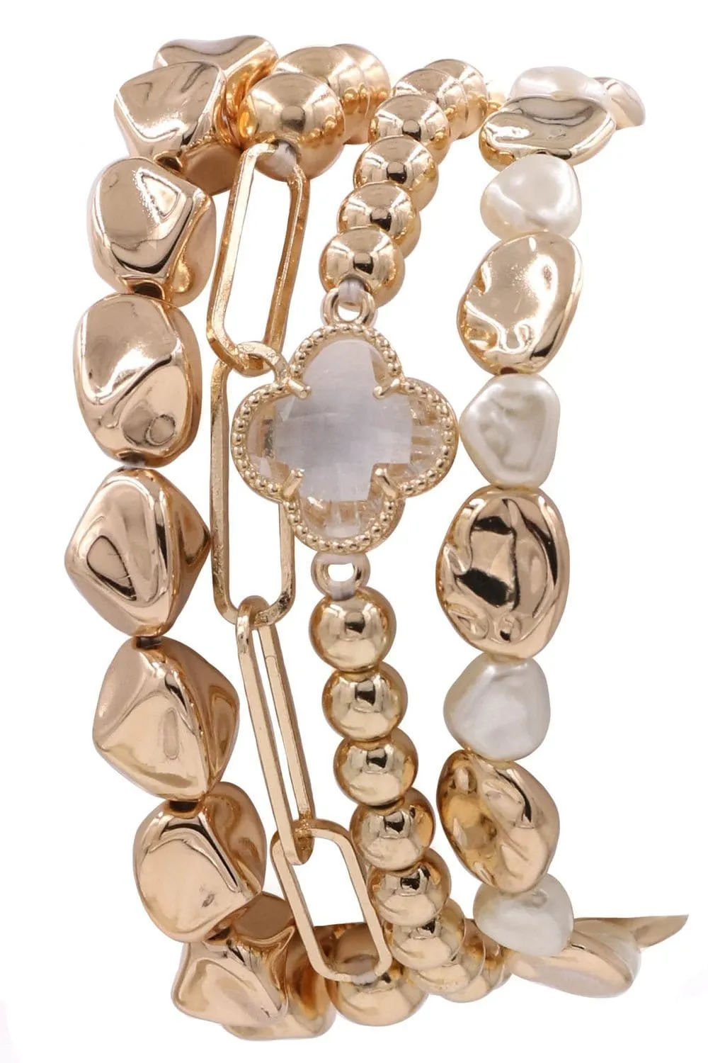 CB2184 Metallic Clover Beaded Accent Bracelet Set