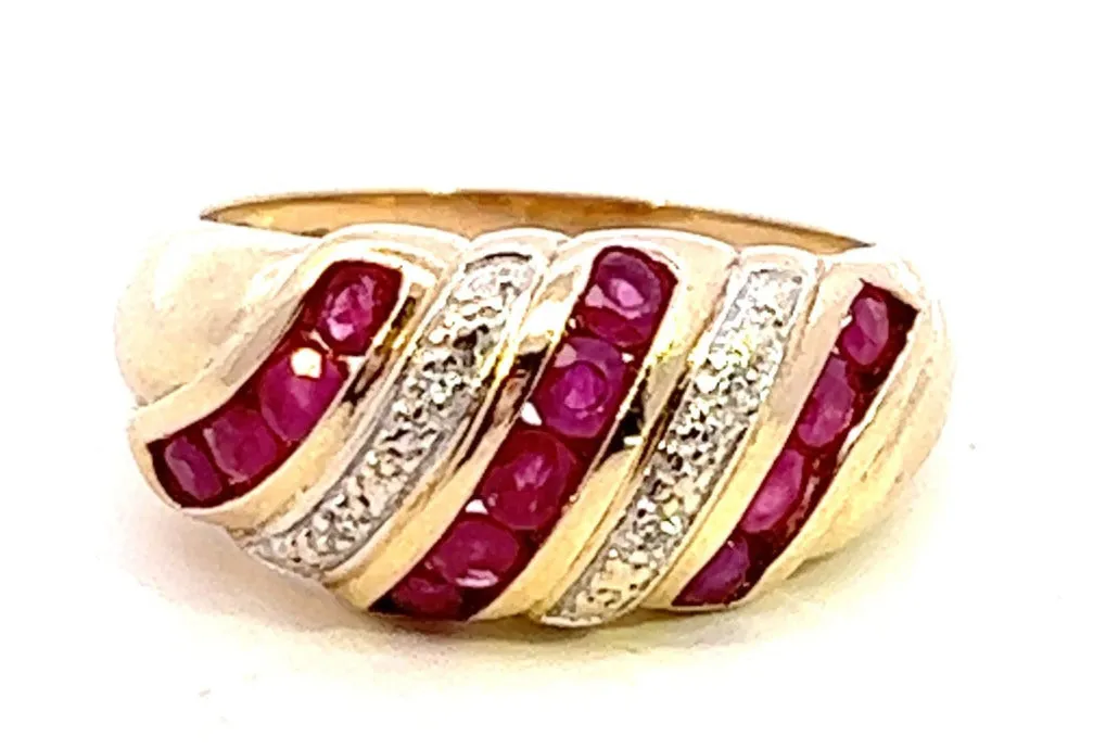 Enchanting Ruby & Diamond Domed 9ct Yellow Gold Ring
