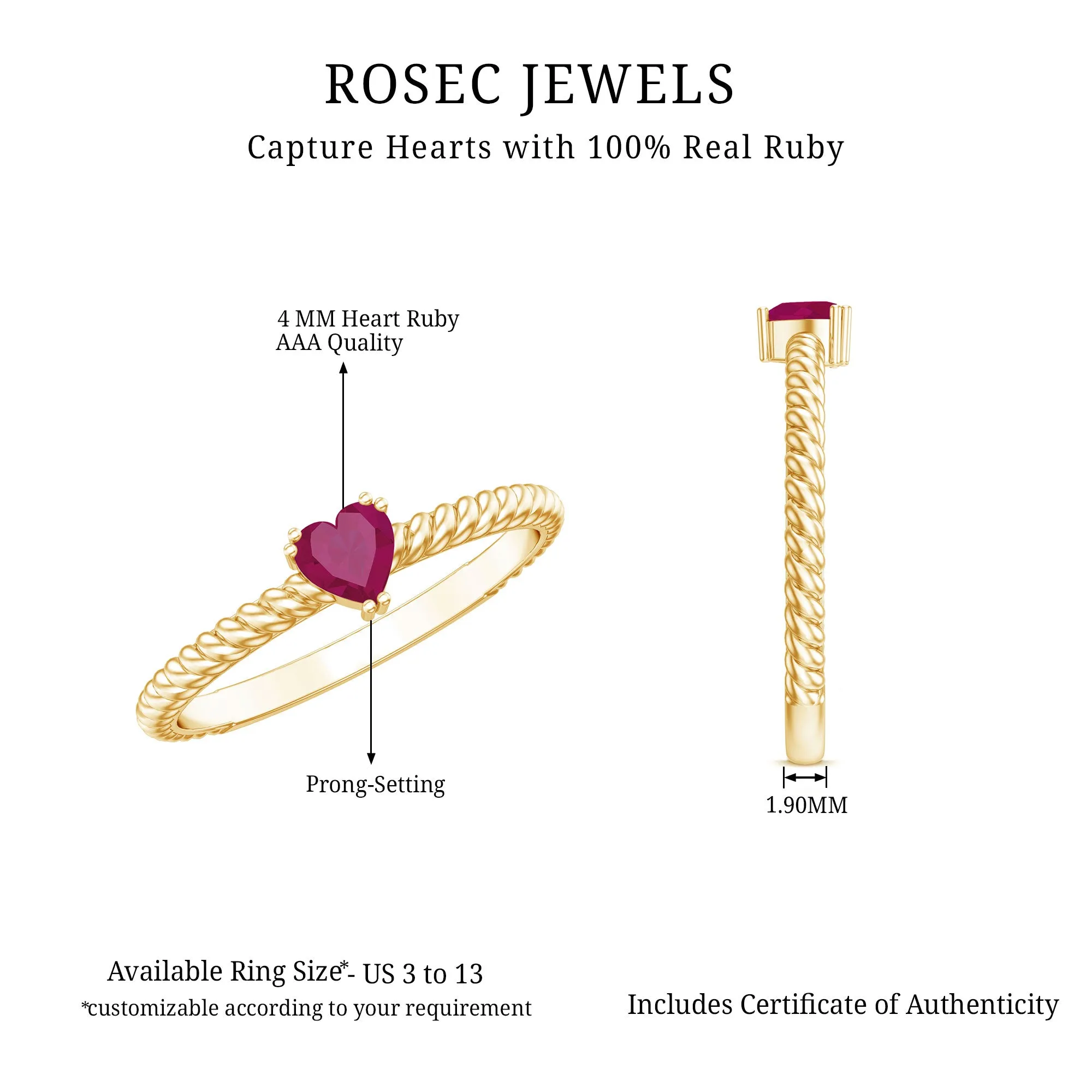 Heart Ruby Solitaire Ring in Twisted Rope Shank and Double Prong Setting