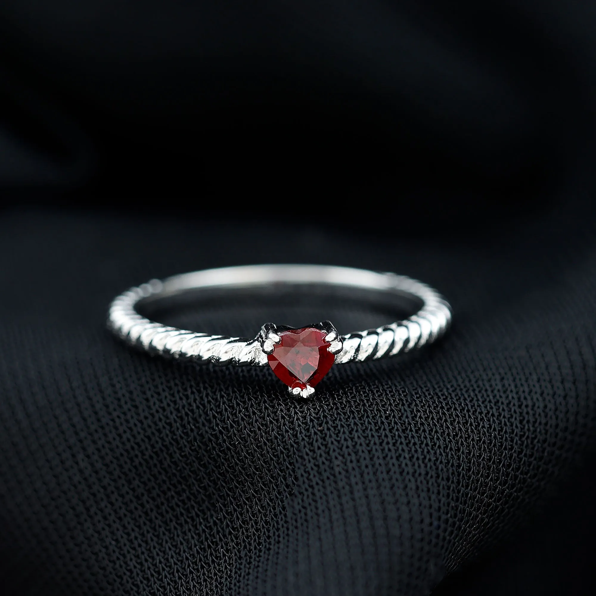 Heart Ruby Solitaire Ring in Twisted Rope Shank and Double Prong Setting