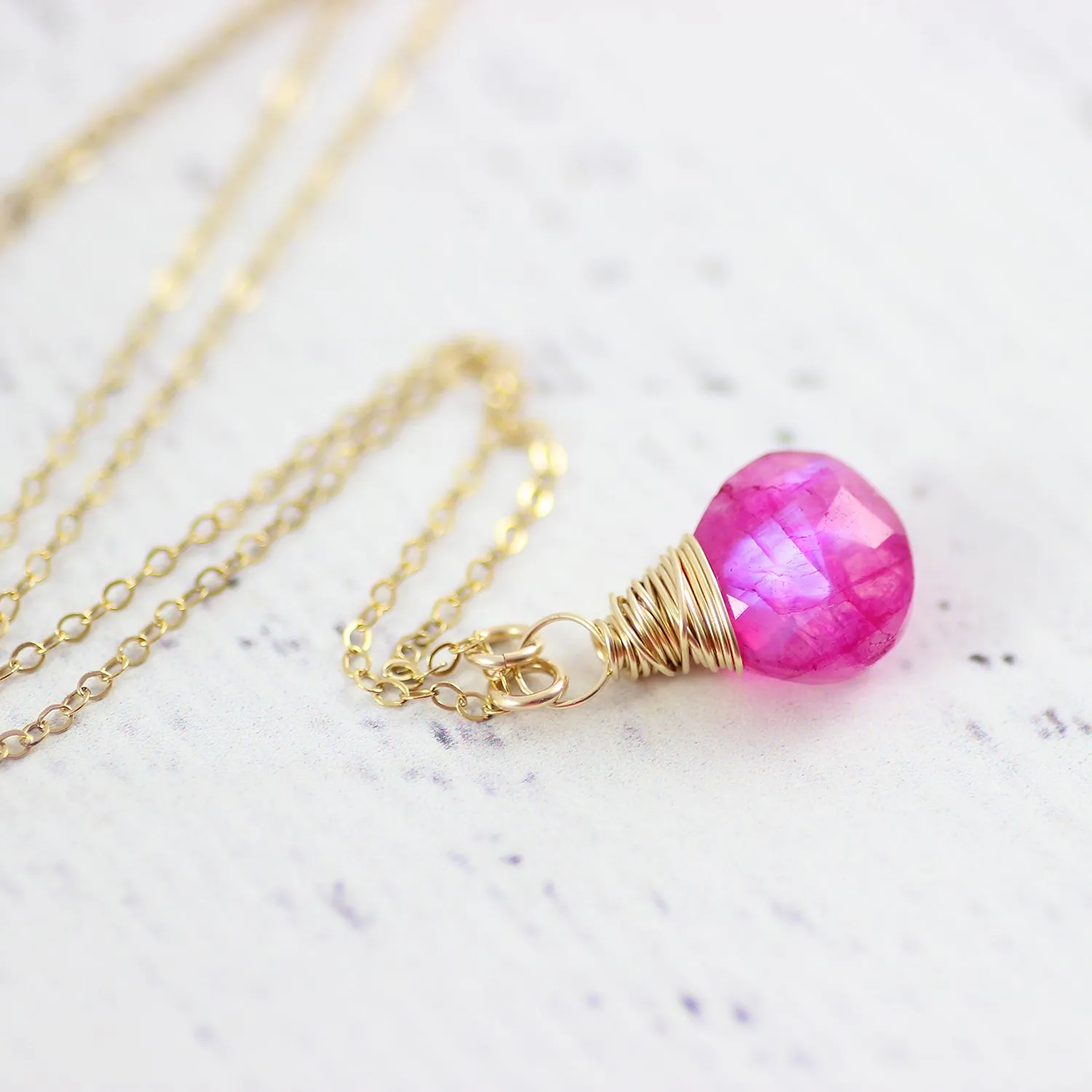 Hot Pink Rainbow Moonstone Gold Pendant Necklace