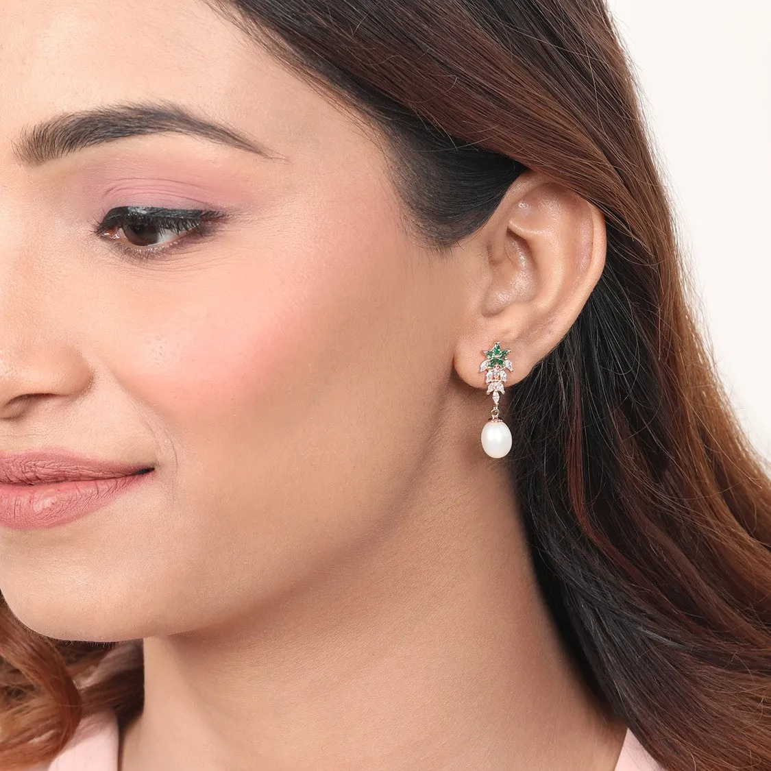 Lustrous Floral Cascade CZ Pearls Rose Gold Plated 925 Sterling Silver Earrings