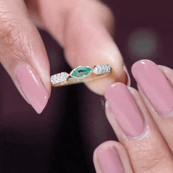 Marquise Cut Real Emerald East West Promise Ring with Diamond