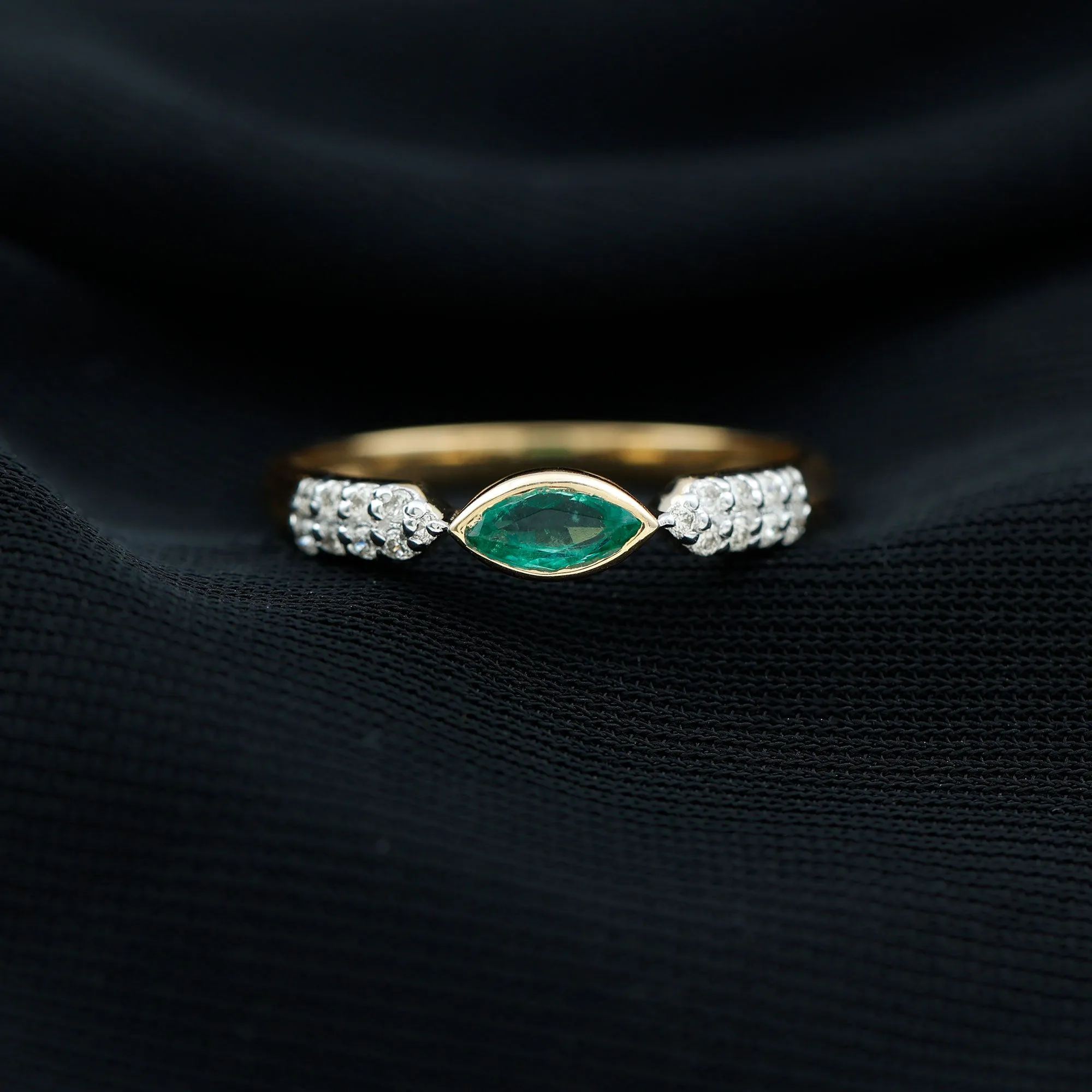 Marquise Cut Real Emerald East West Promise Ring with Diamond