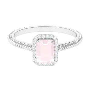 Octagon Rose Quartz Ring with Diamond Halo