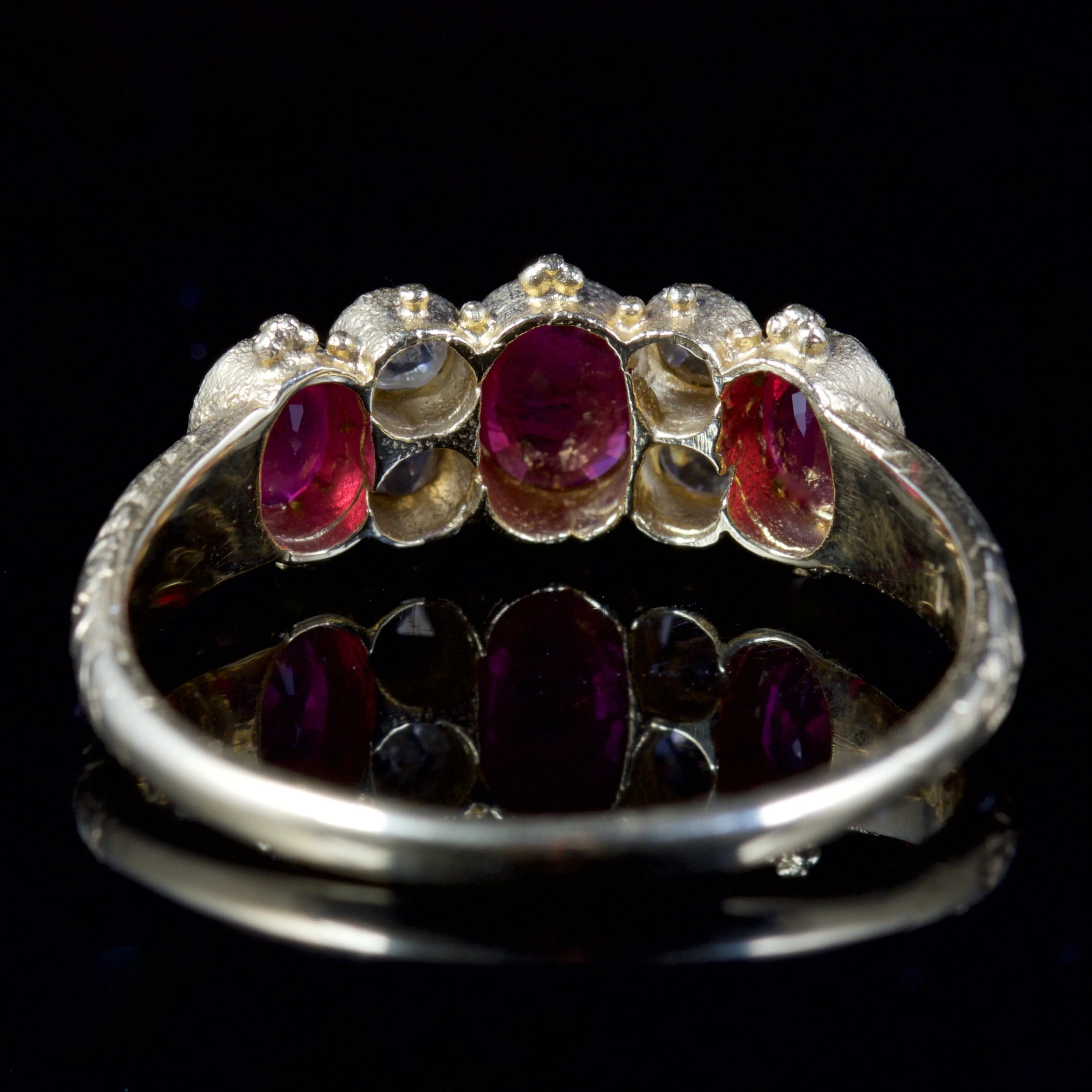 Ruby Diamond Trilogy Ring Rose Cut Diamonds 18Ct Gold
