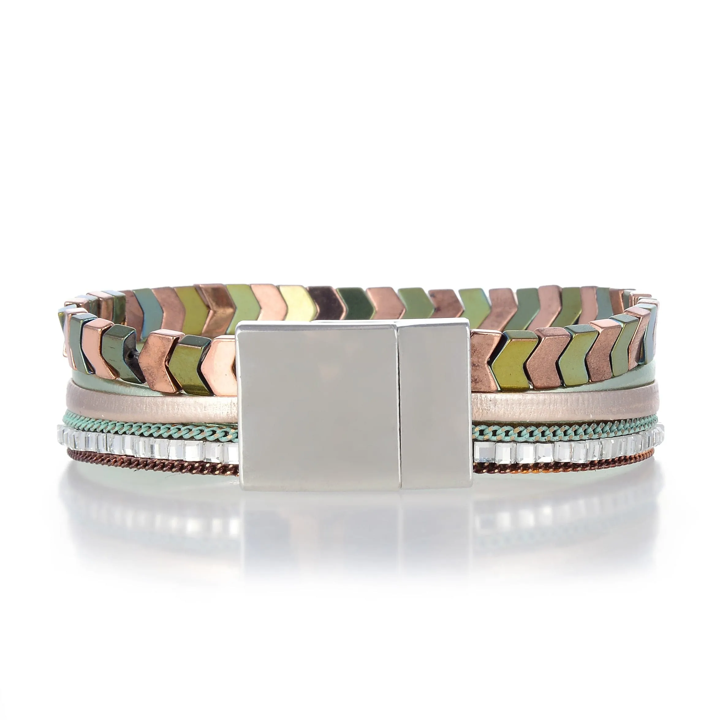 Short Multiple Strand Bracelet Pink and Green With Magnetic Clasp