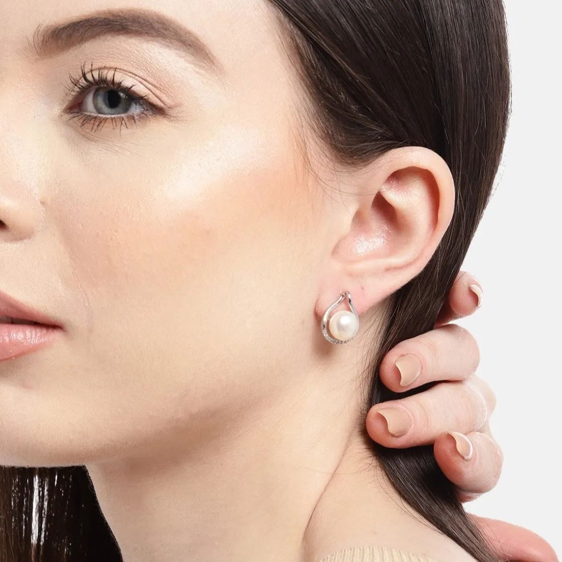 Simple Elegance Pearl Duo Rhodium-Plated 925 Sterling Silver Earrings