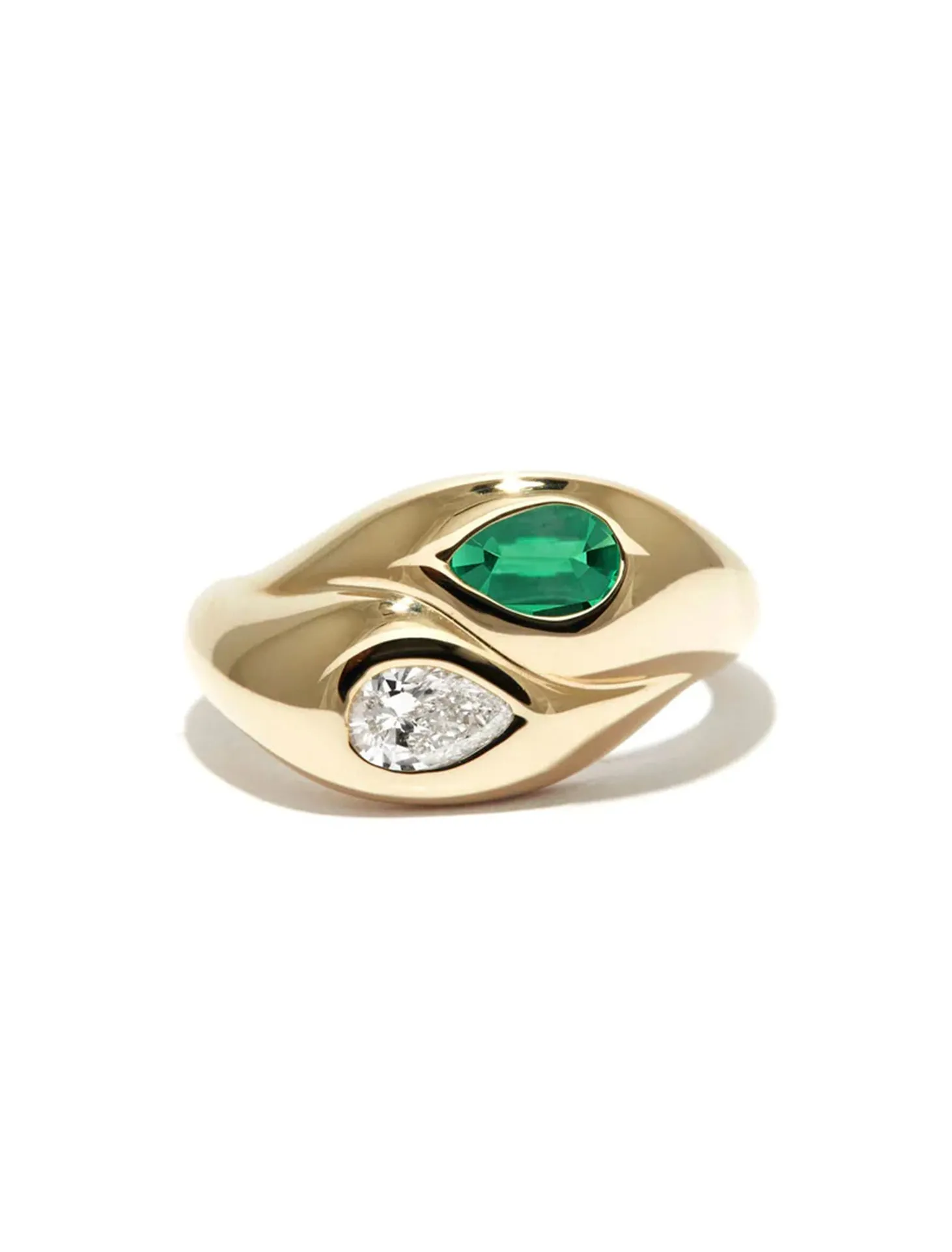 Toi et Moi Pear Bubble, 14K Yellow Gold, Emerald   Diamond Ring