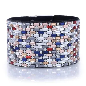 Wide Strand Bracelet Leather Baguette Gemstone Bead Multi-color With Twist Clasp